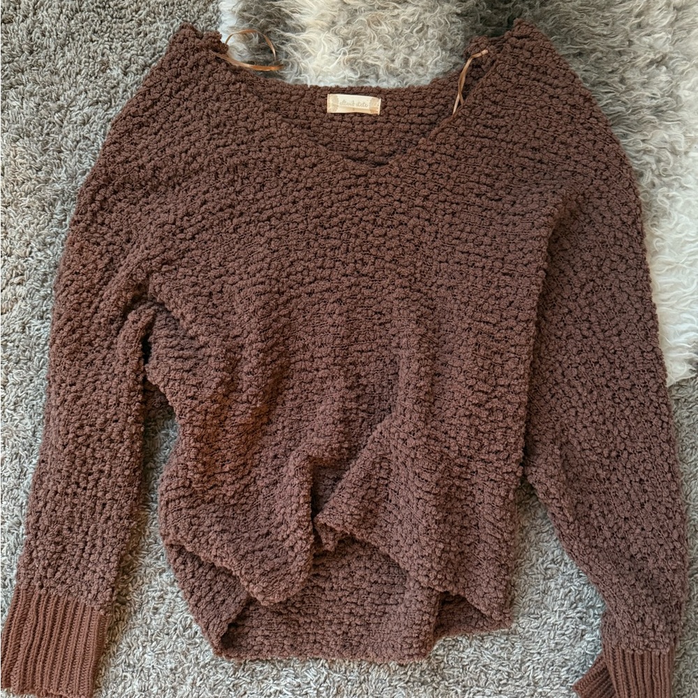 Altar'd State Brown V-Neck Sweater with Fuzzy Texture and Long Sleeves